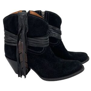 Lucchese Robyn Ankle Boot Black Suede Leather Feather Fringe Western Women 8 B